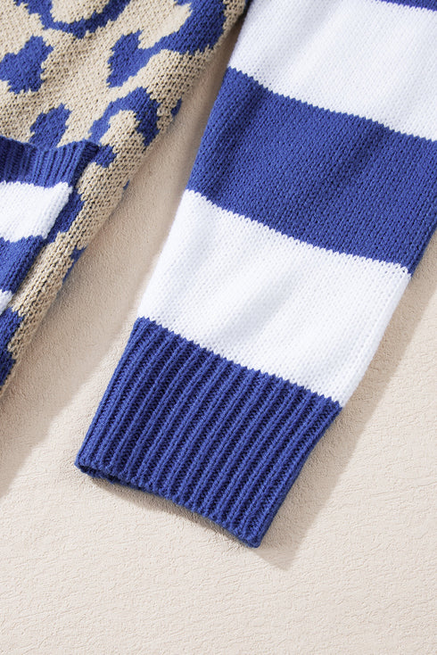 Stripe Sleeve Leopard Print Open Front Cardigan With Pockets